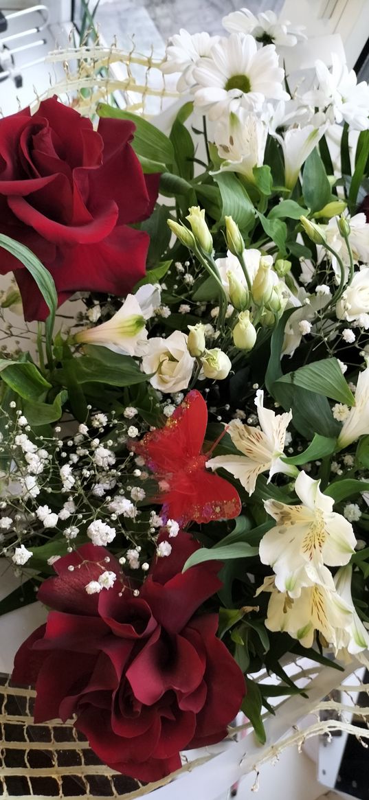 roses, red roses, alstroemeria, gypsophila, bouquet, flowers