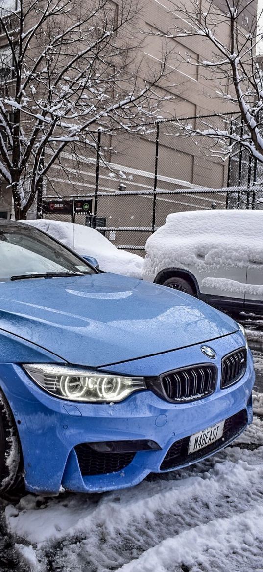 bmw m3, bmw, auto, blue auto, snow, winter