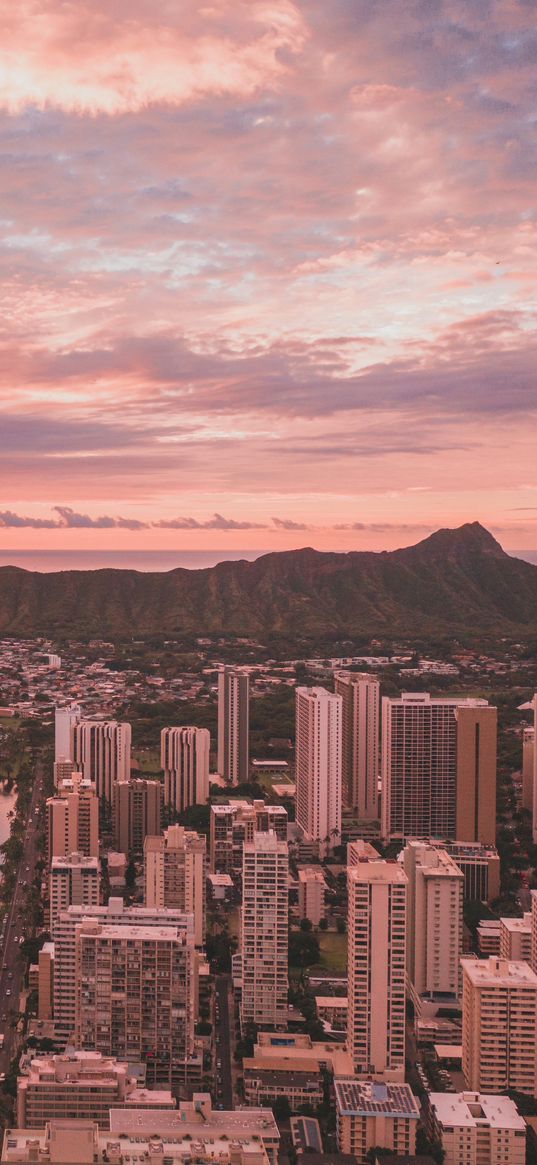 city, sunset, mountains, skyscrapers, pink sky, pink