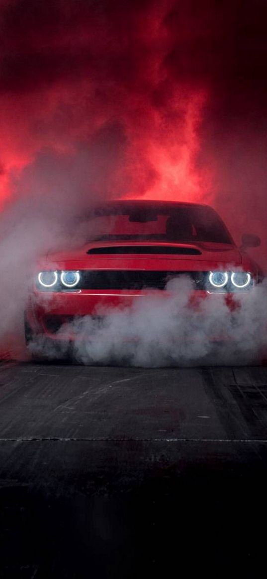 dodge challenger spt demon, car, headlights, smoke, red, drift, drive