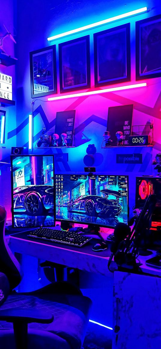 playroom, neon lights, computer, pictures