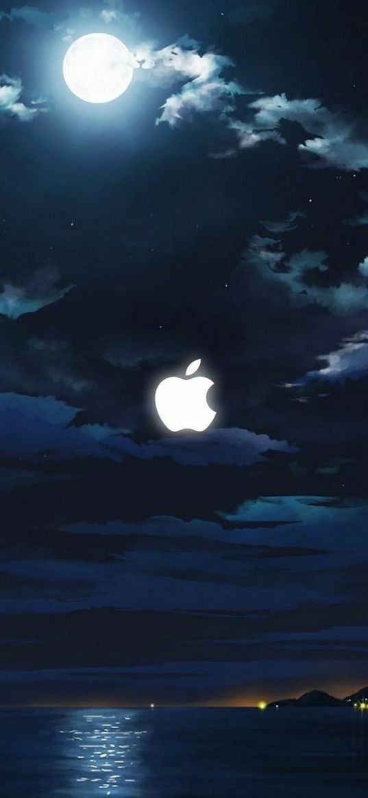 apple, night, sea, moon, landscape, blue