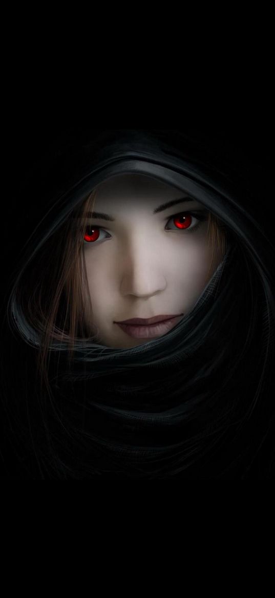 girl, fantasy, hood, red eyes, dark background