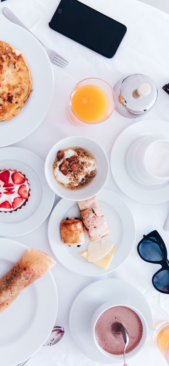 breakfast, food, table, accessories, phone, glasses