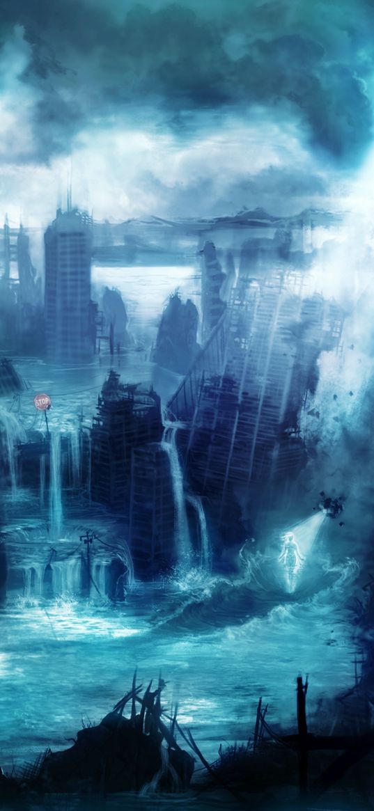 apocalypse, catastrophe, destruction, fantasy, city, ruins, blue, art