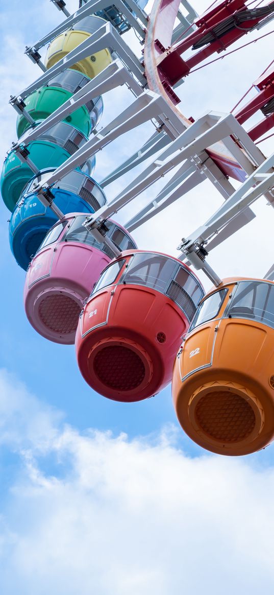 ferris wheel, cabins, attraction, sky, clouds