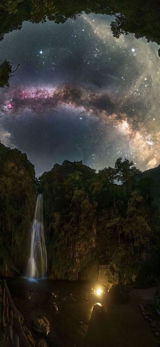 milky way, stars, night sky, waterfall, jungle, lake, stargazing