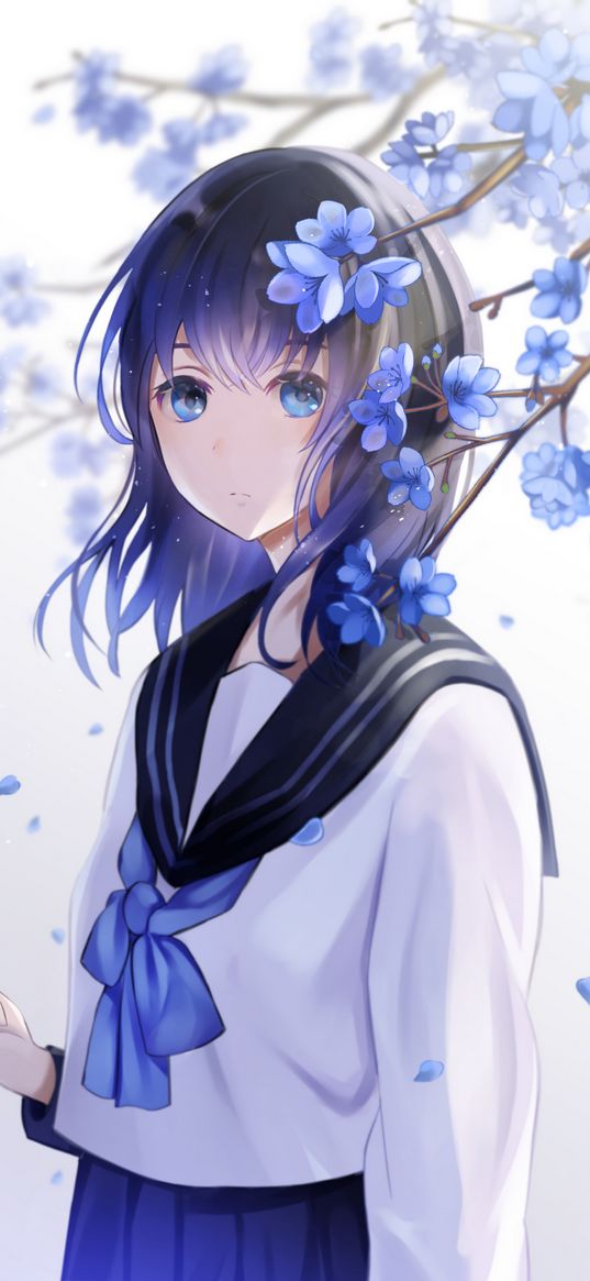 girl, sailor suit, flowers, petals, anime, blue