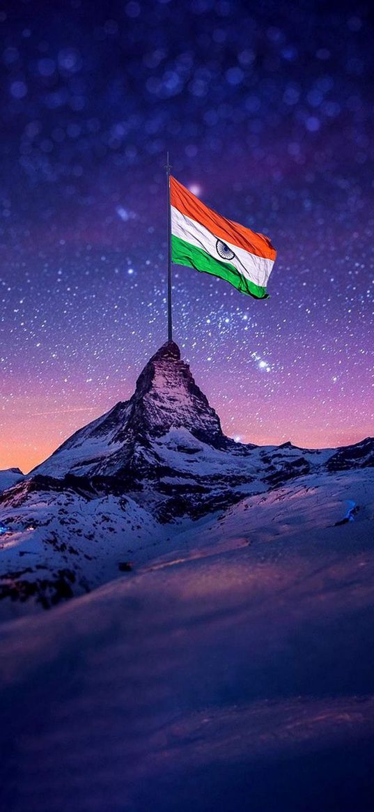 indian, national, flag, mountain, night