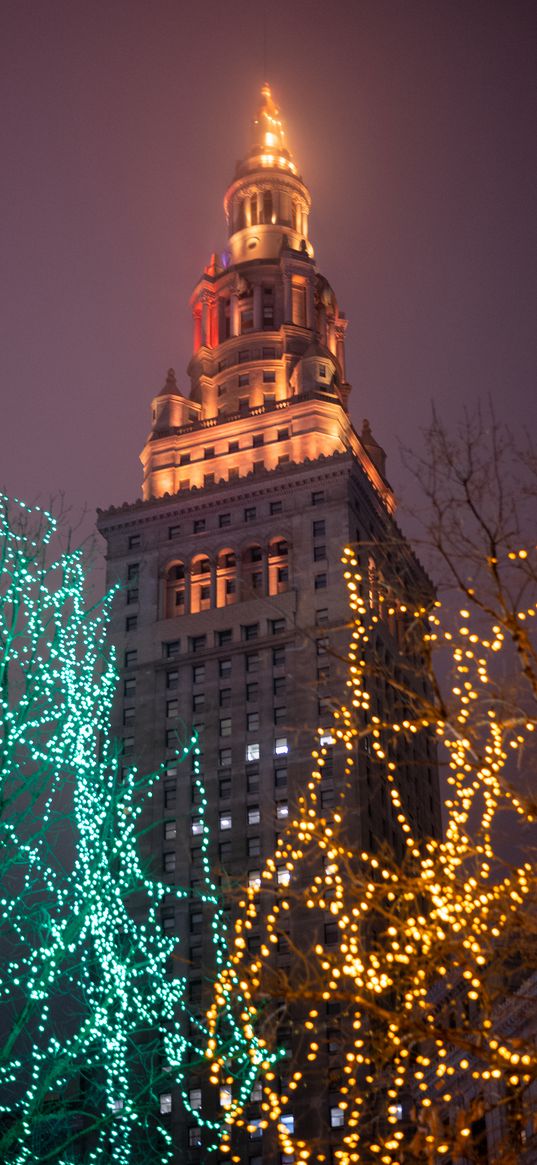 building, tower, architecture, trees, garlands, dark