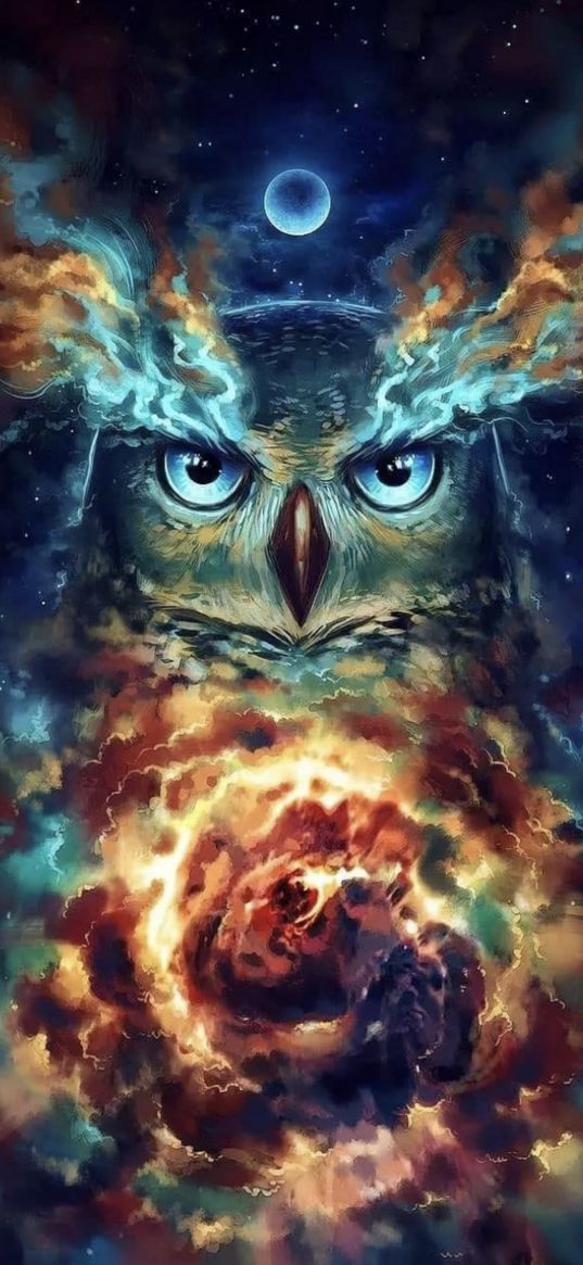 art, space, stars, owl, moon, explosion