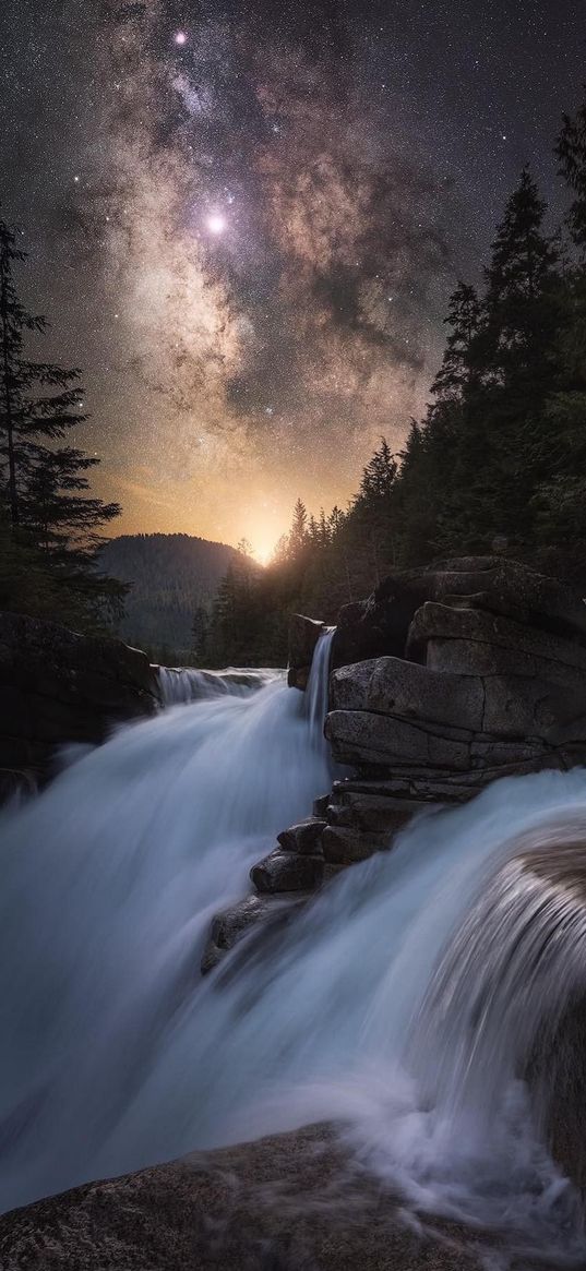 waterfall, stars, stargazing, nature, sky night