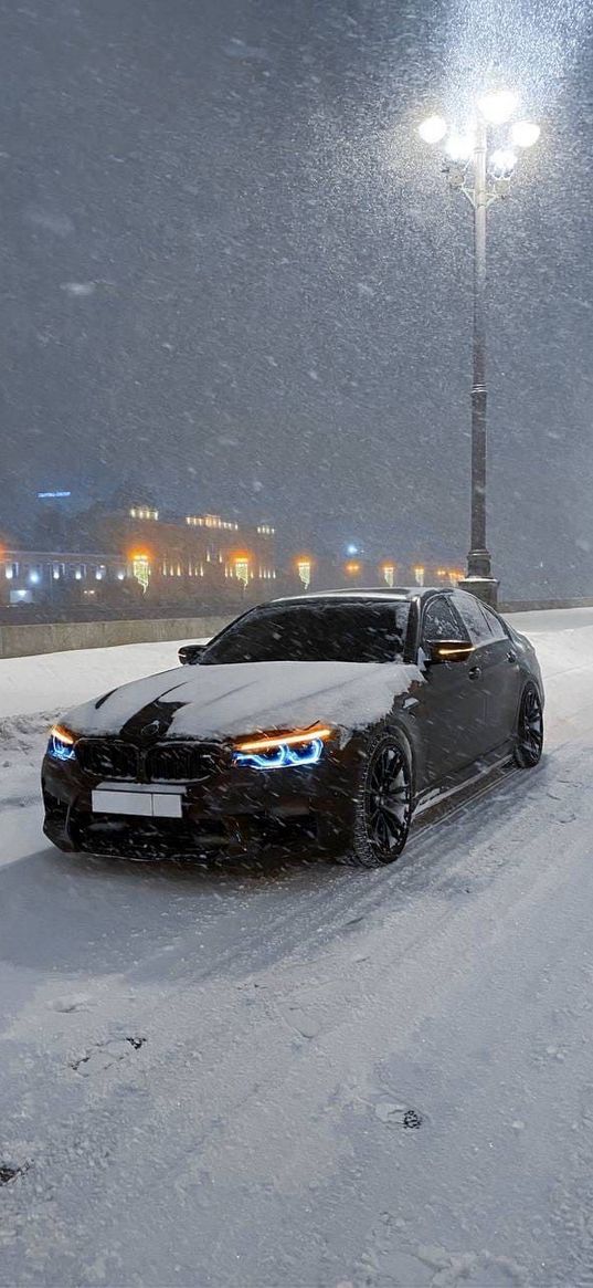 car, snow, road, street lamp, headlights