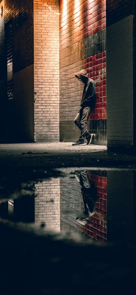 man, puddle, night, hood, light