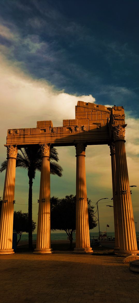 columns, history, ruins, sky, palm trees