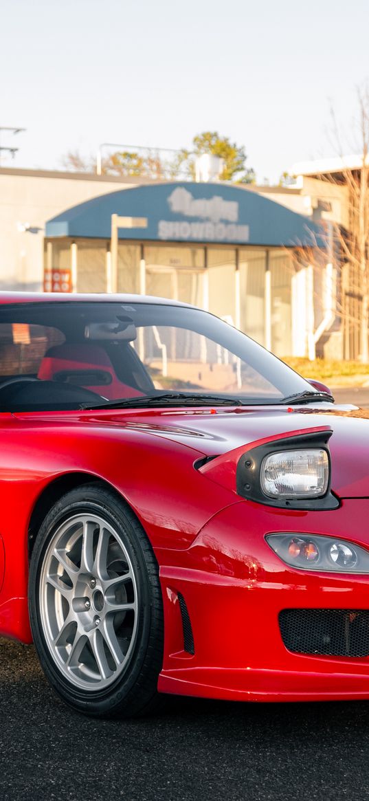 mazda rx-7, mazda, car, red, headlights