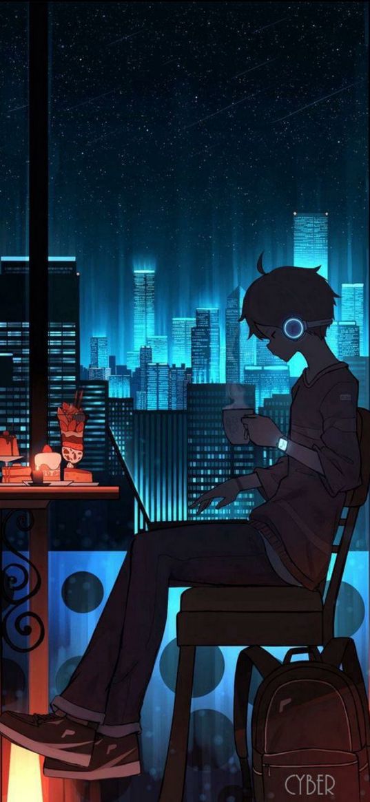 guy, city, window, light, neon, cyberpunk, anime, art