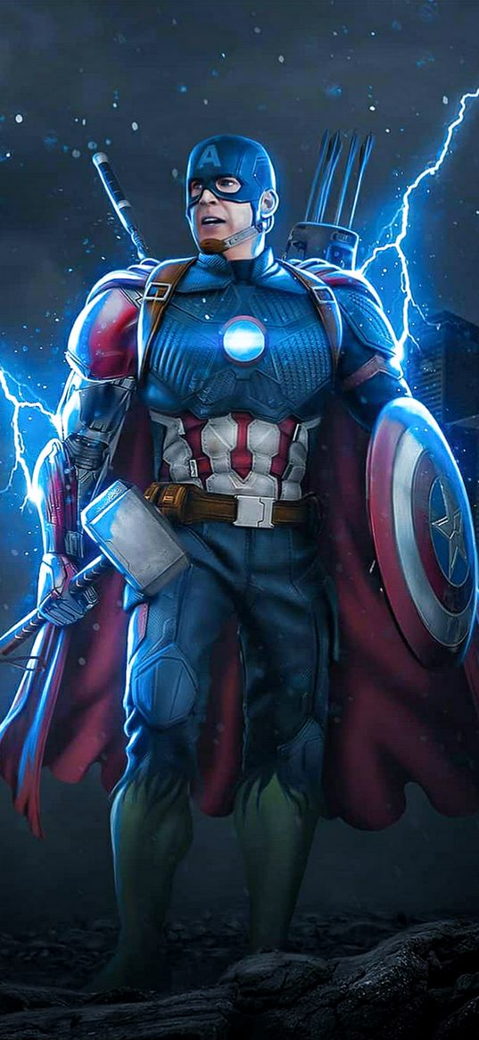 captain america, avengers, marvel, superhero, lightning, art