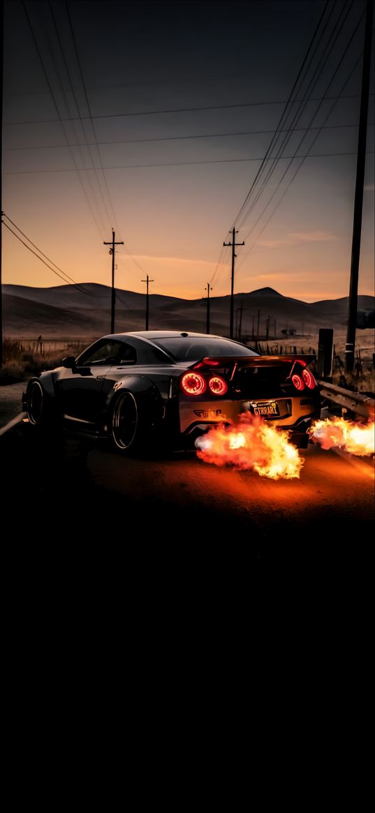 nissan gtr, nissan, car, fire, road