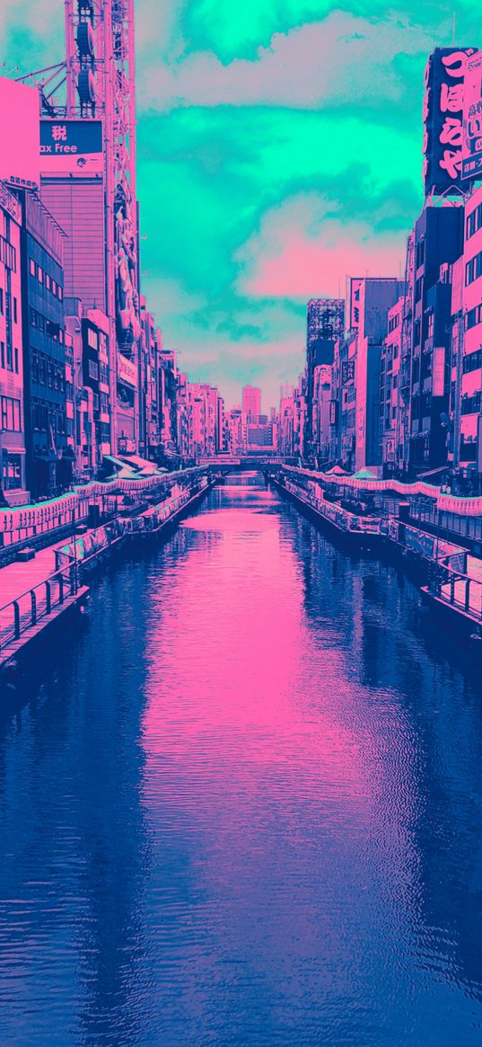 city, river, filter, logo, landscape, bright, pink, blue