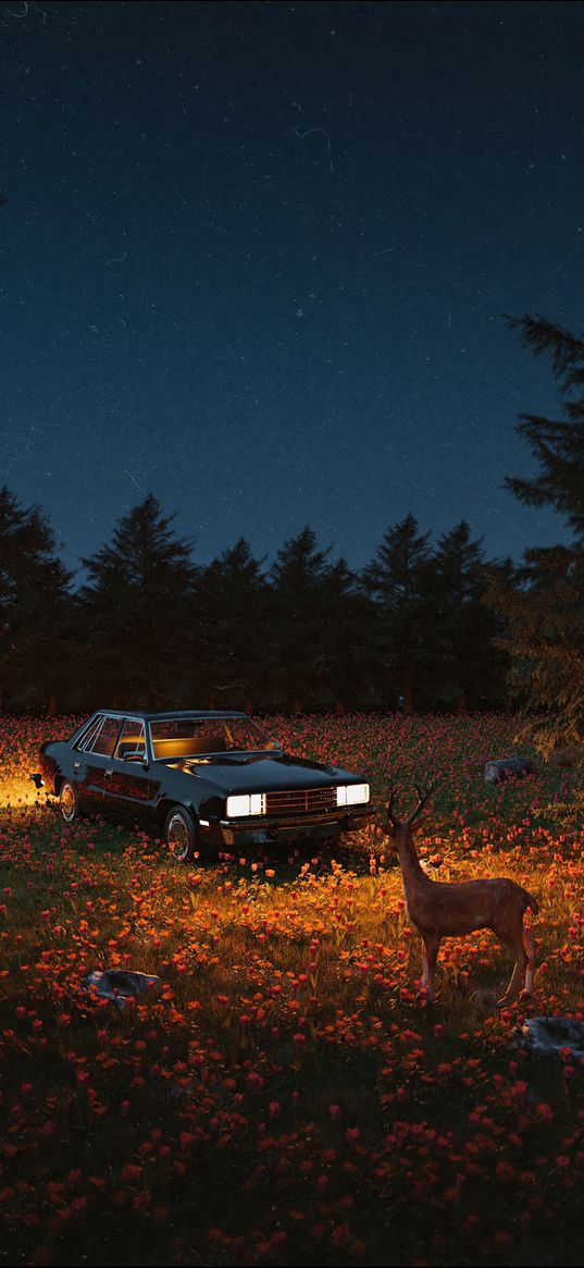 car, deer, forest, night, nature, digital art