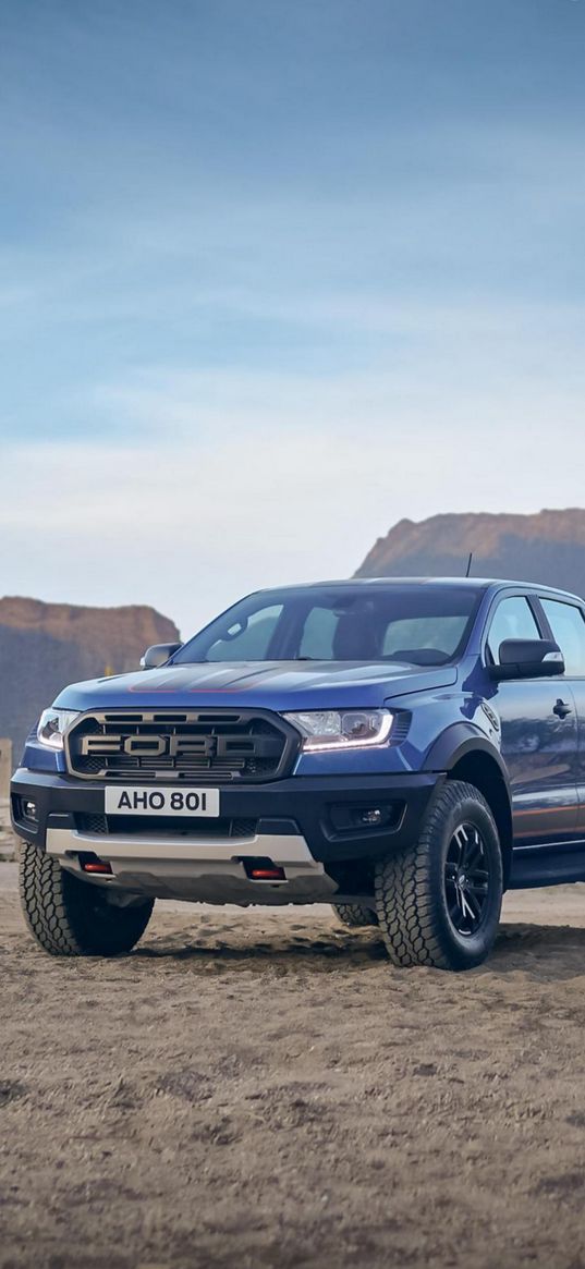 ford ranger raptor, car, pickup truck, sand, mountains, front view