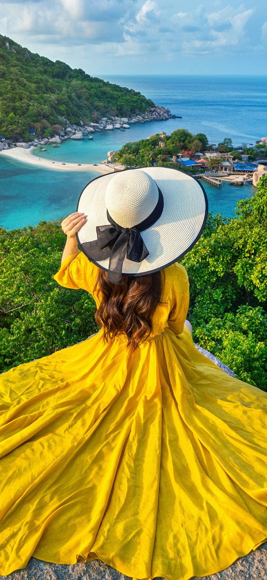 girl, hat, yellow dress