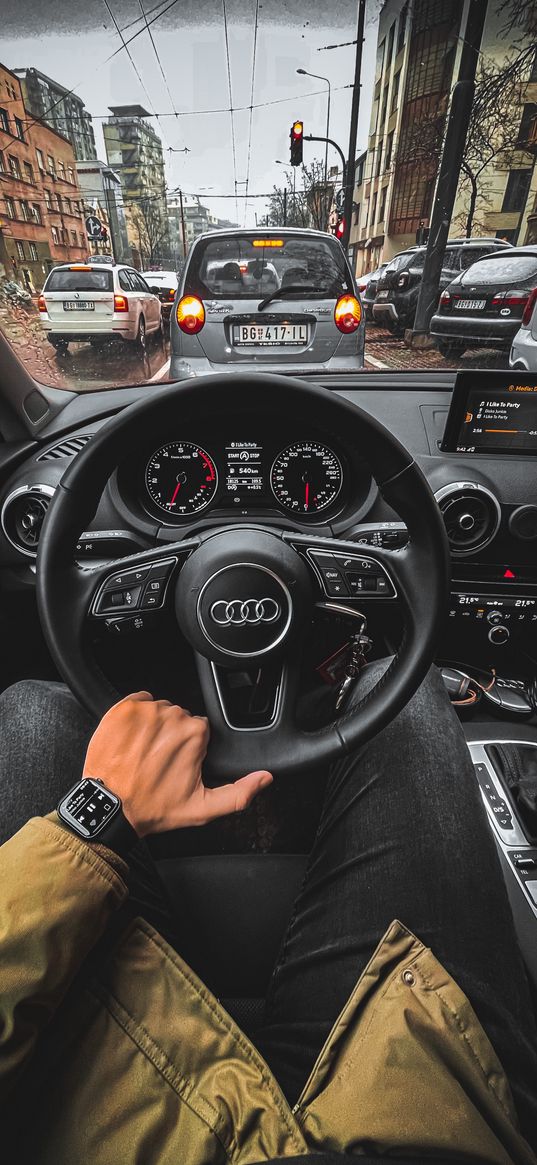 audi, car, steering wheel, road