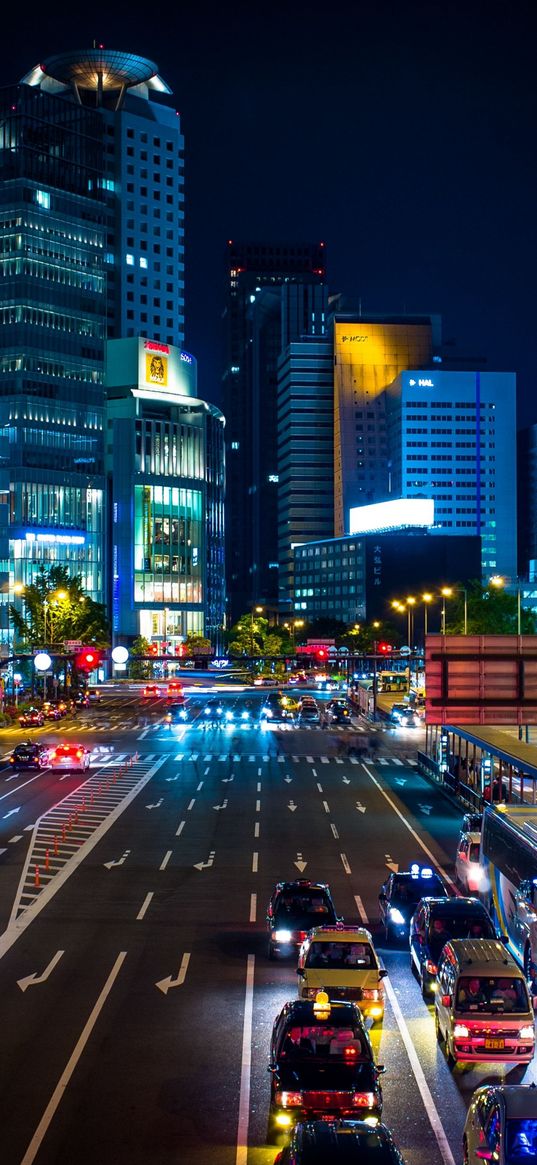 metropolis, evening, road, cars