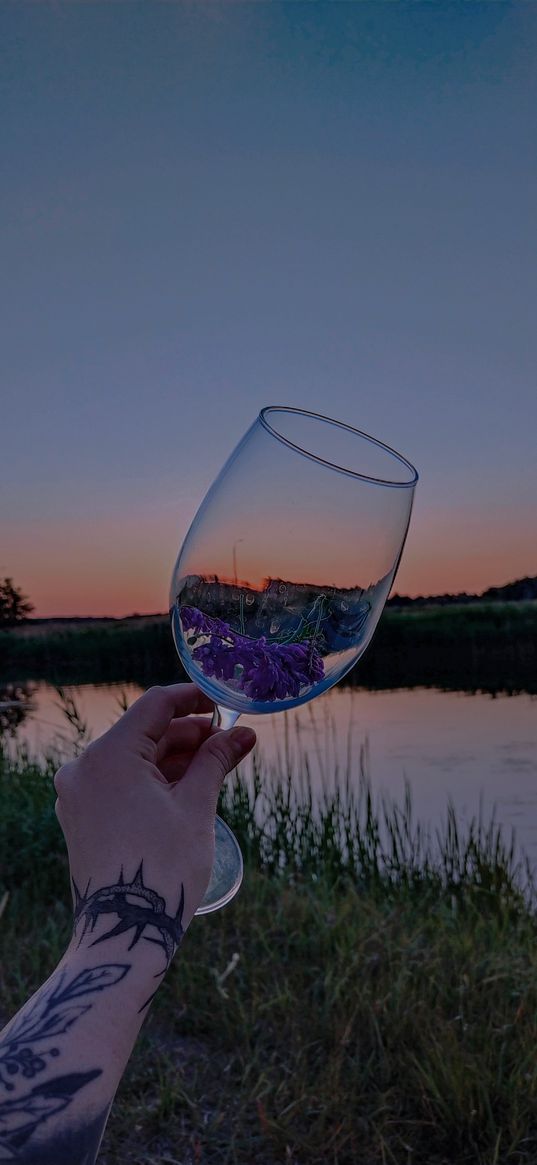 glass, hand, river, sunset, sky