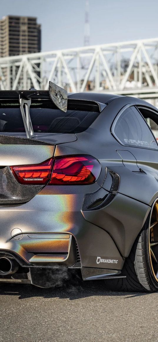 bmw m4, bmw, auto, silver auto, metallic, rear lights, city, bridge, rainbow