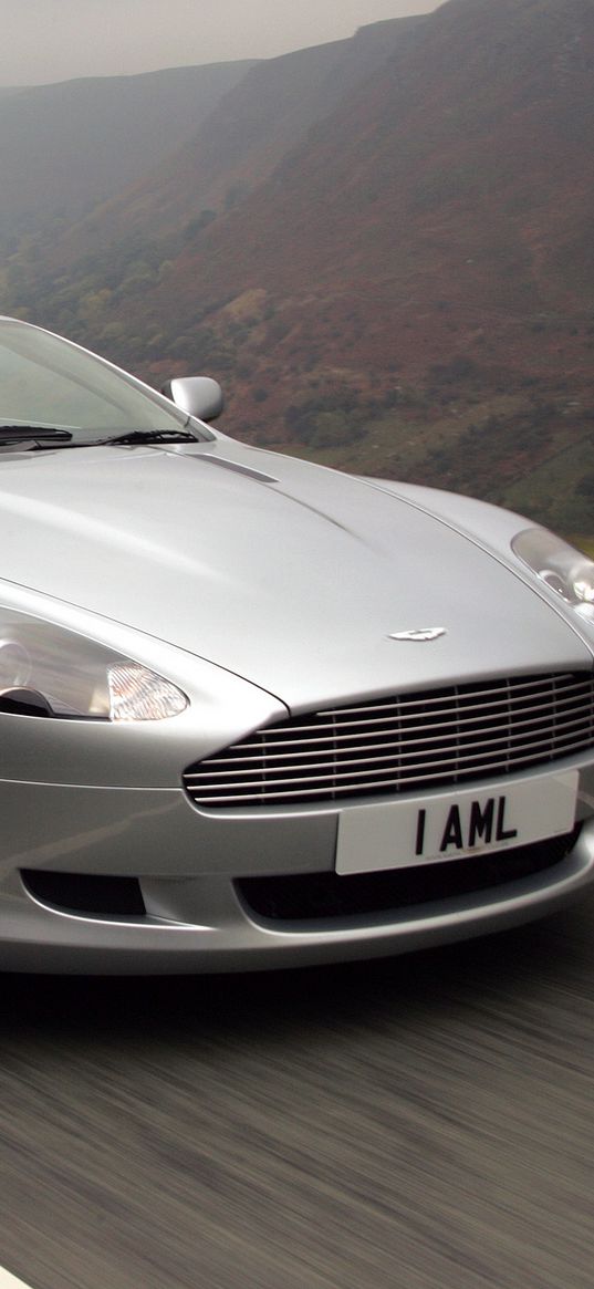 aston martin, db9, 2004, silver metallic, side view, style, sports, cars, speed, nature, mountains