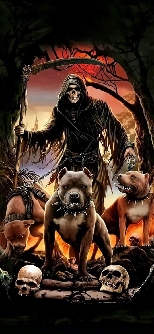 death, scythe, skull, pit bull, dog, creepy, art