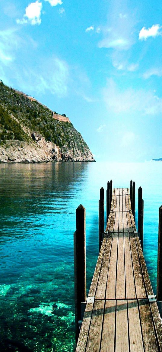 sea, ocean, water, jetty, bridge, rocks, sky