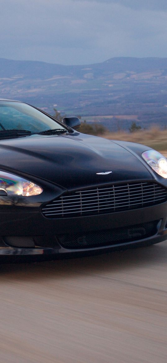 aston martin, db9, 2006, blue, front view, style, sports, cars, nature, mountains, asphalt, speed