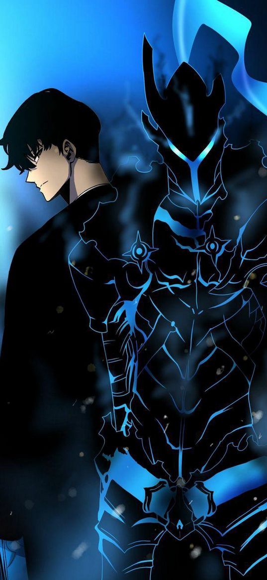 solo leveling, sung jin woo, guy, knight, light, anime, manga, blue, art