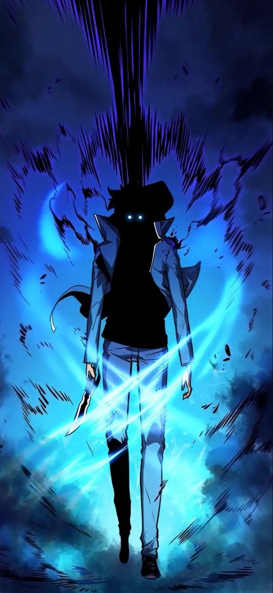 solo leveling, sung jin woo, guy, shadow, light, darkness, anime, manga, blue, art