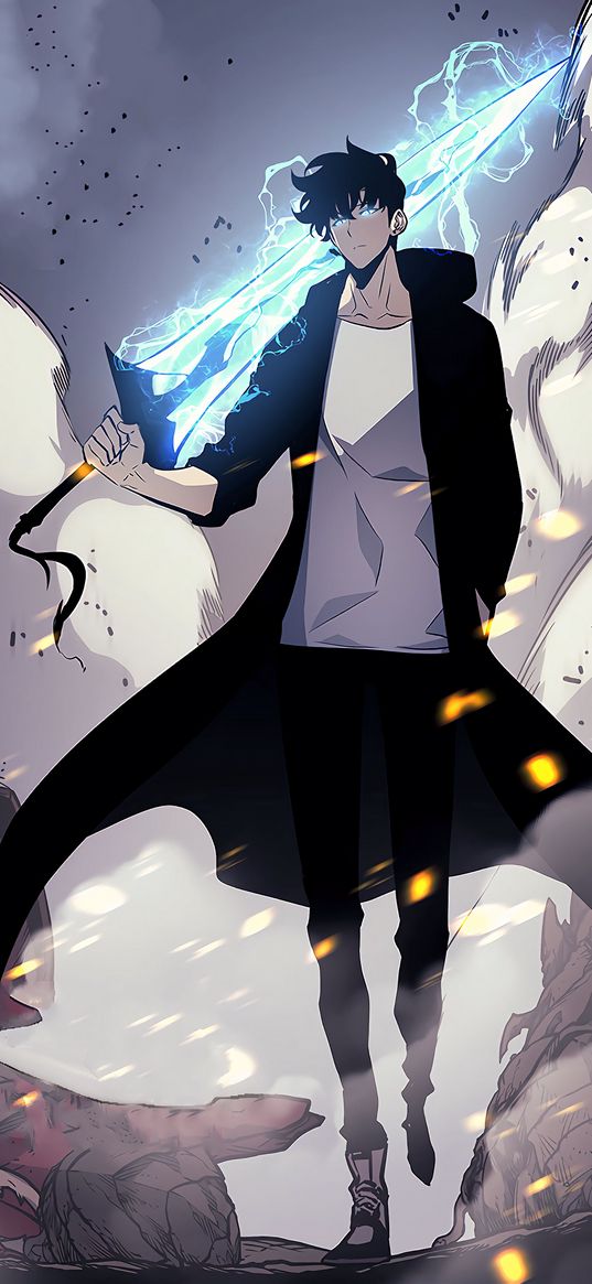 solo leveling, sung jin woo, guy, sword, lightning, light, anime, manga, blue, art