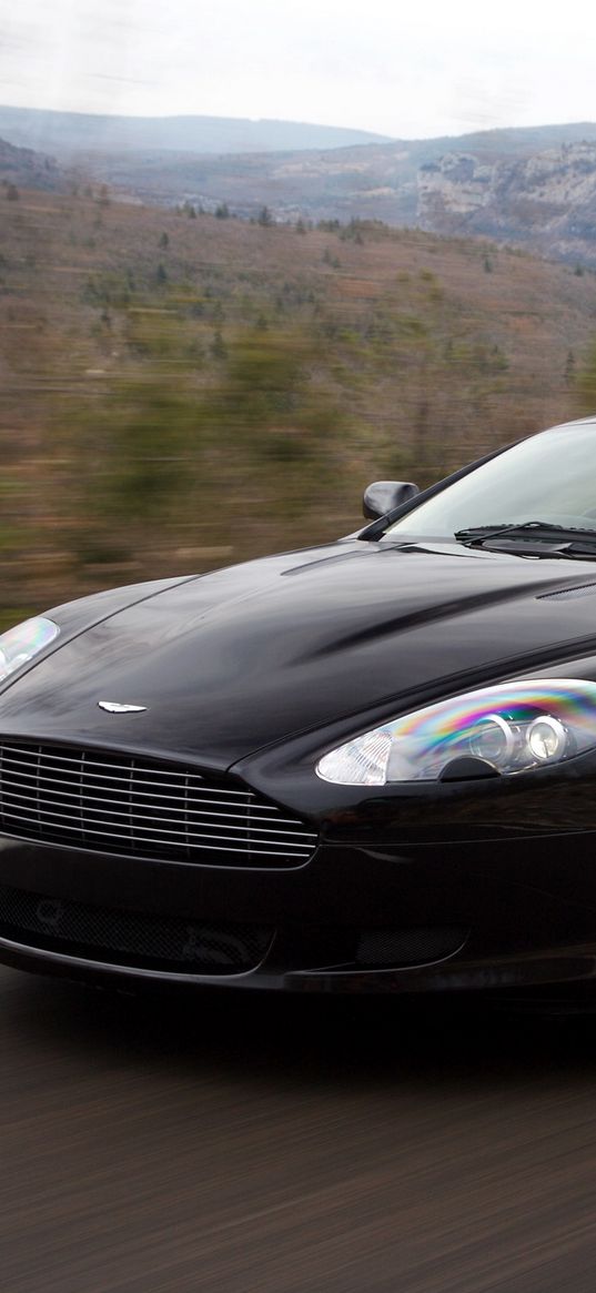 aston martin, db9, 2006, black, side view, style, sports, cars, speed, mountains, trees, nature, asphalt