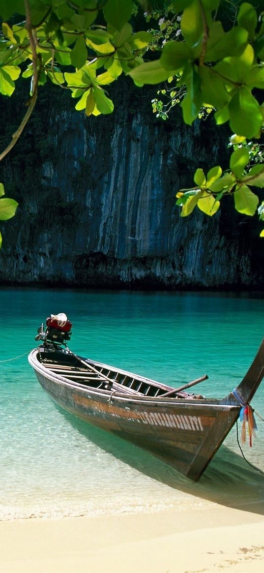 sea, boat, rocks, leaves, sand