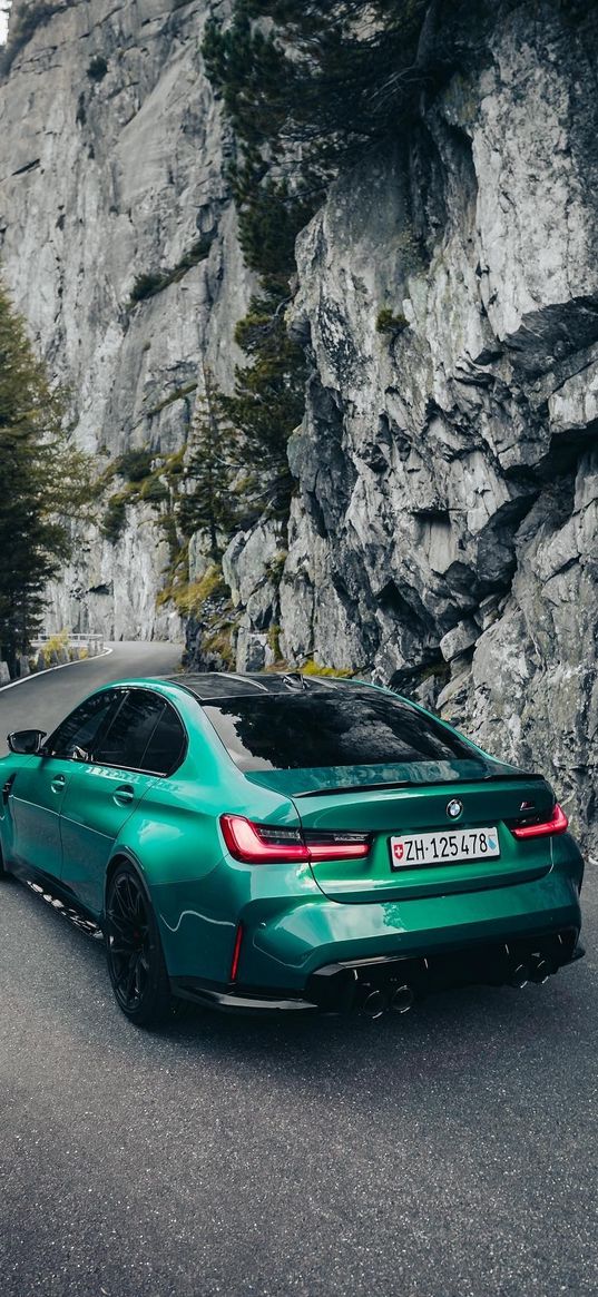 bmw m3, bmw, auto, green auto, mountain, tree, rocks