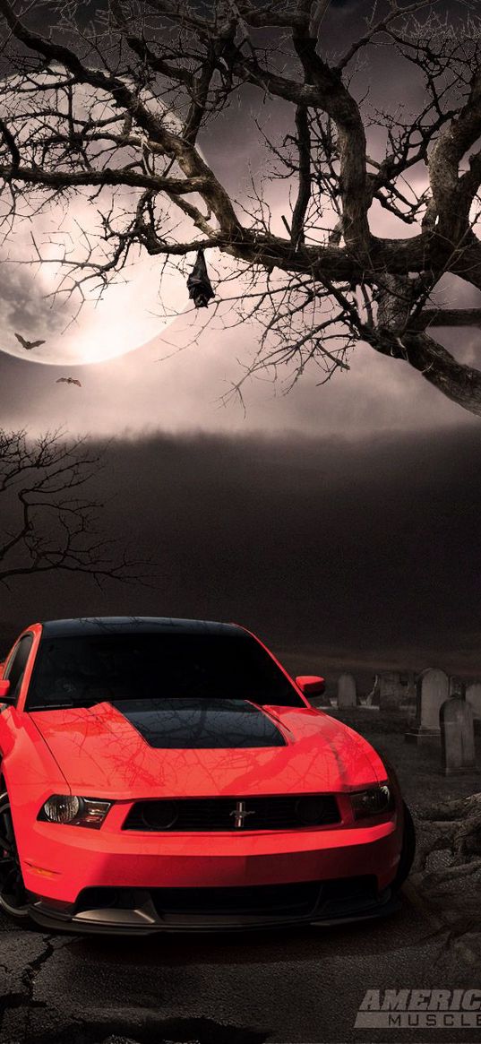 dodge mustang, dodge, auto, red auto, branches, moon, cemetery