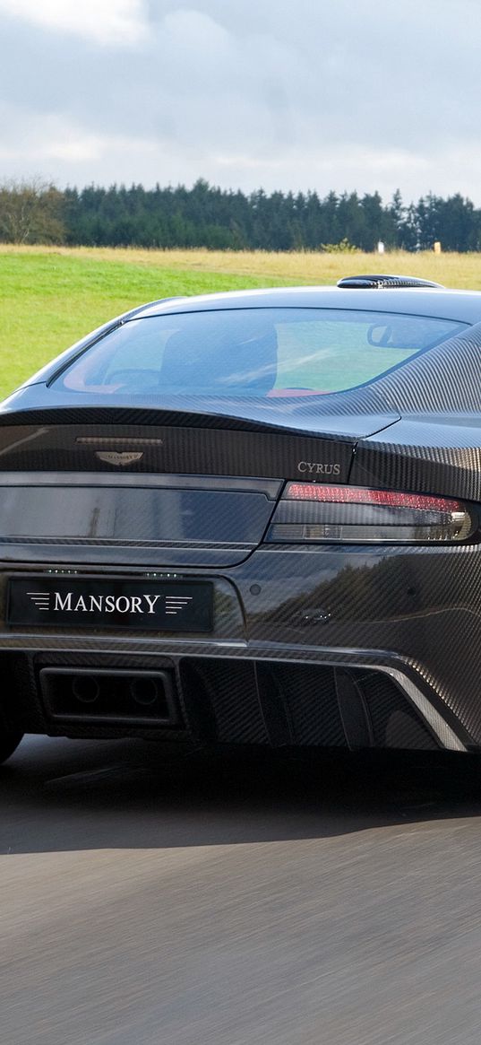 mansory, cyrus, 2009, black, rear view, style, sports, aston martin, cars, speed, nature, trees, grass, asphalt