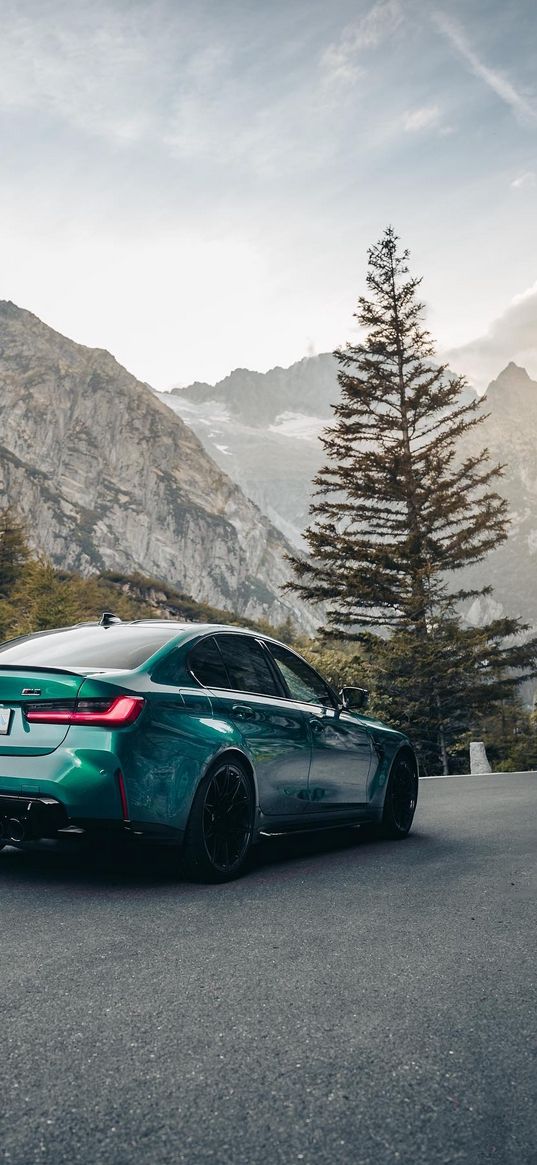 bmw m3, bmw, auto, green auto, mountains, tree, road