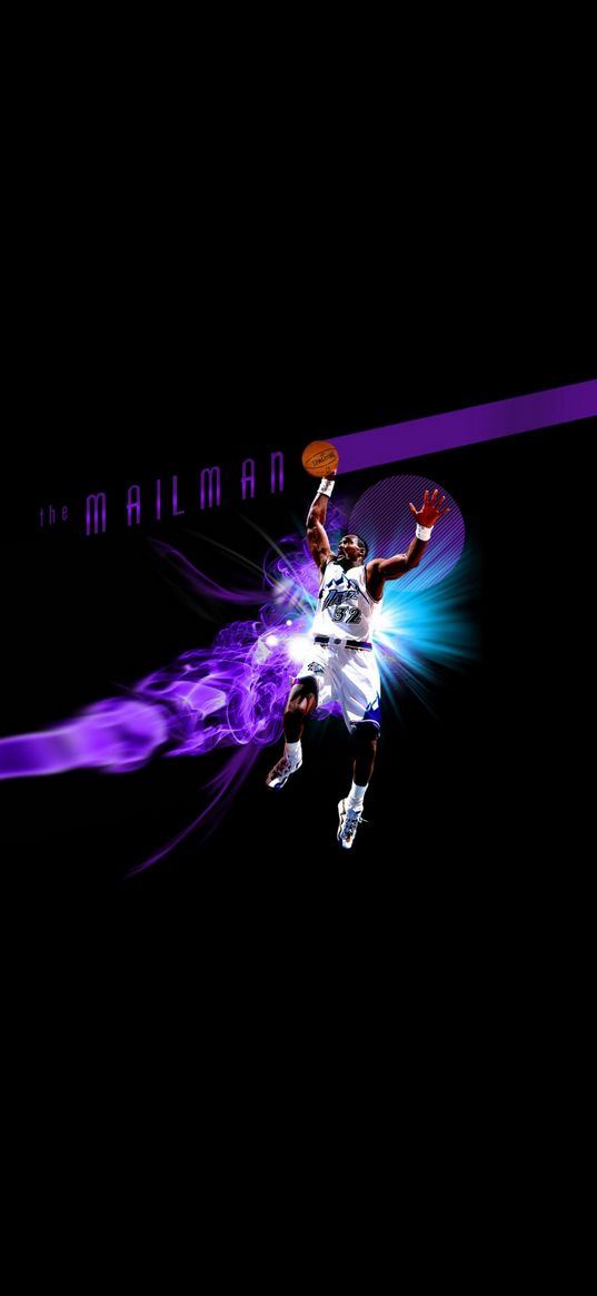 karl malone, basketball, player, jump, purple, black background