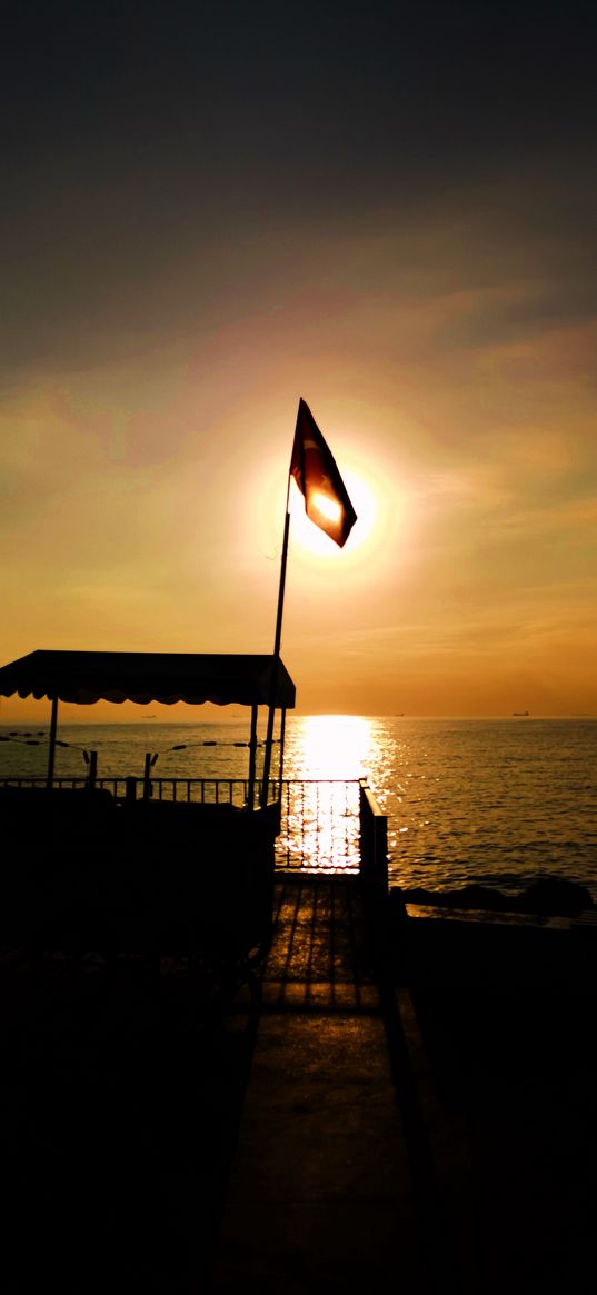 sunset, water, flag, turkey, sky