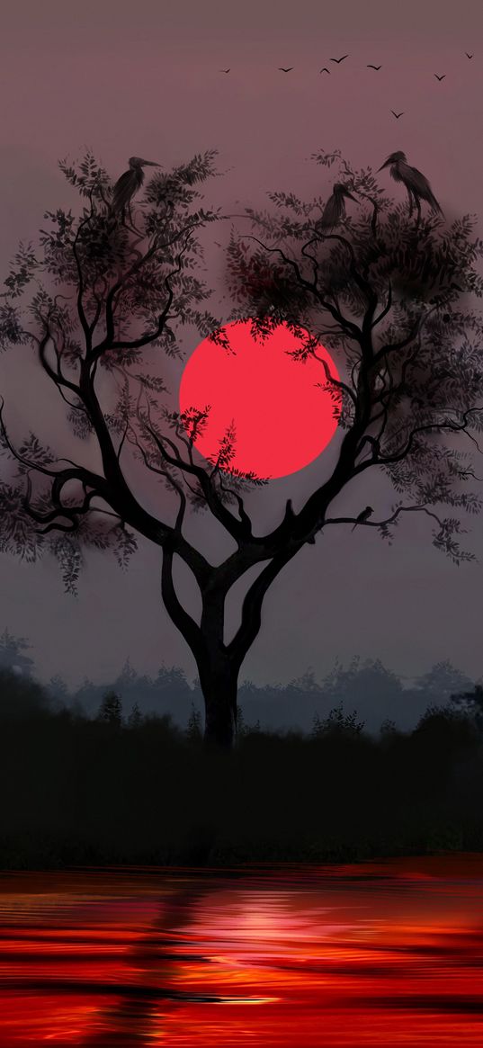 red sun, tree, lake