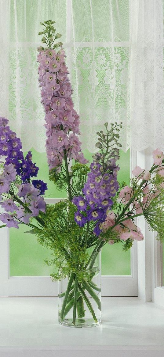 gladioli, flowers, window, flower, vase