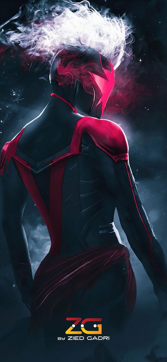 captain marvel, black, red, dark, back view