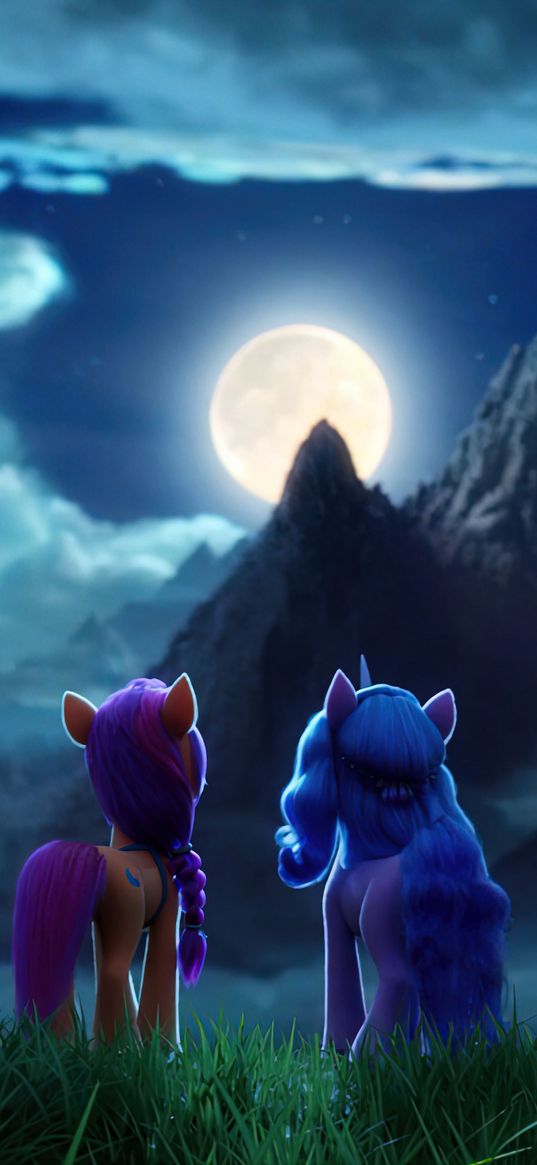 pony, my little pony, easy, sunny, moon, night, mountains, clouds